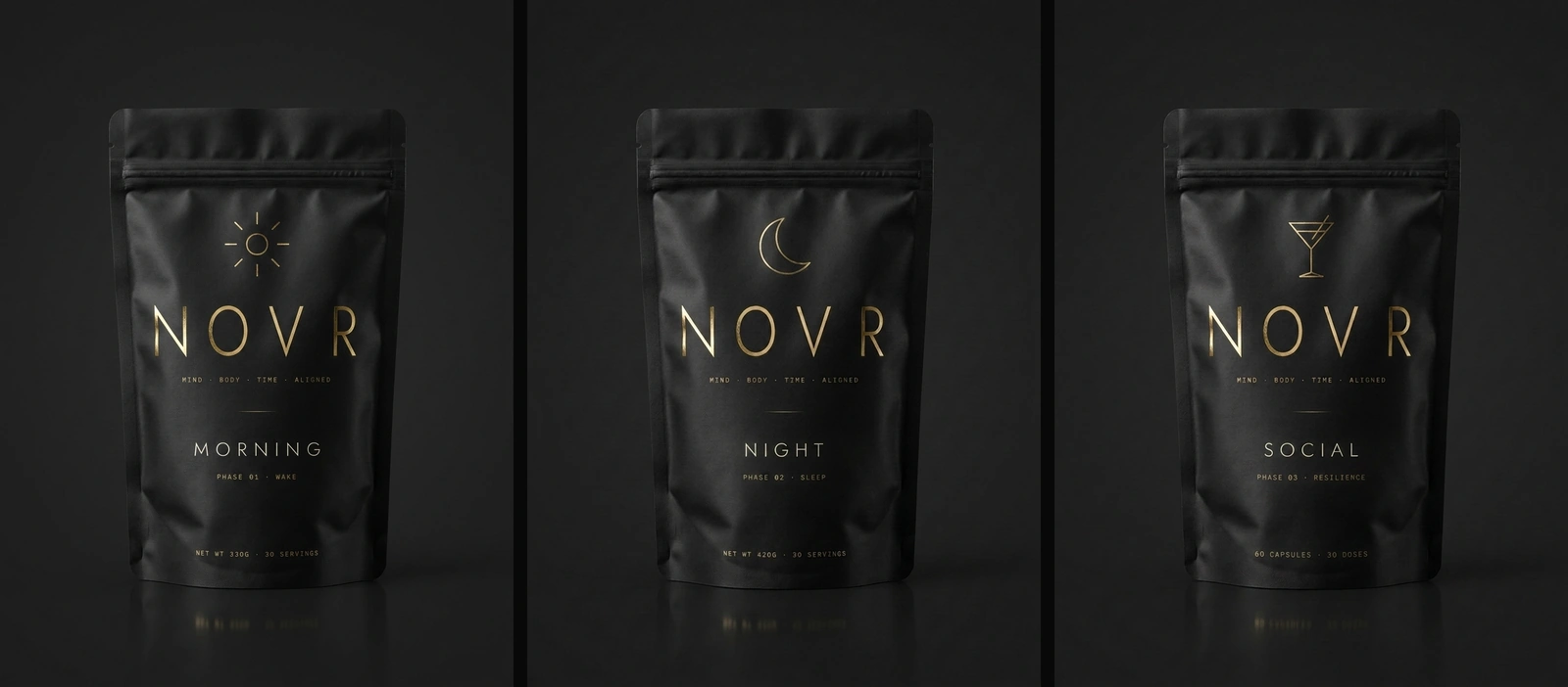 NOVR Morning, Social and Night refill pouches